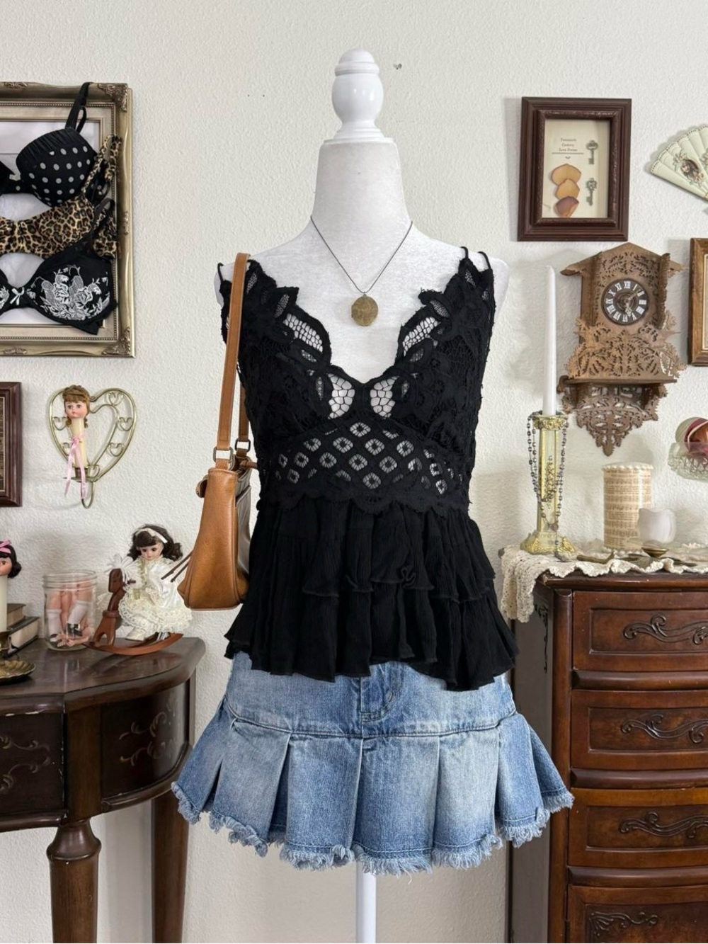 Boho witchy dark fairy grunge black ruffled lace blouse